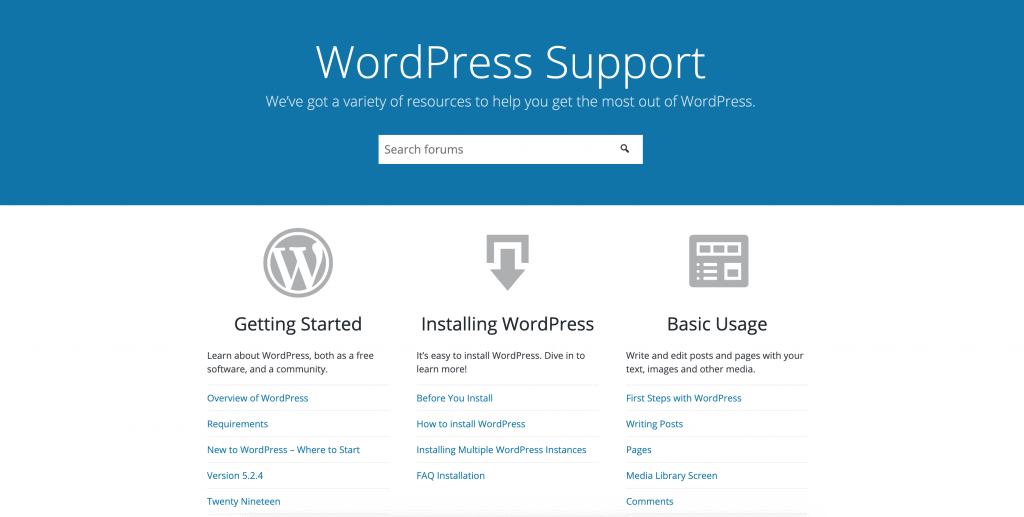 WordPress Support Page Screenshot